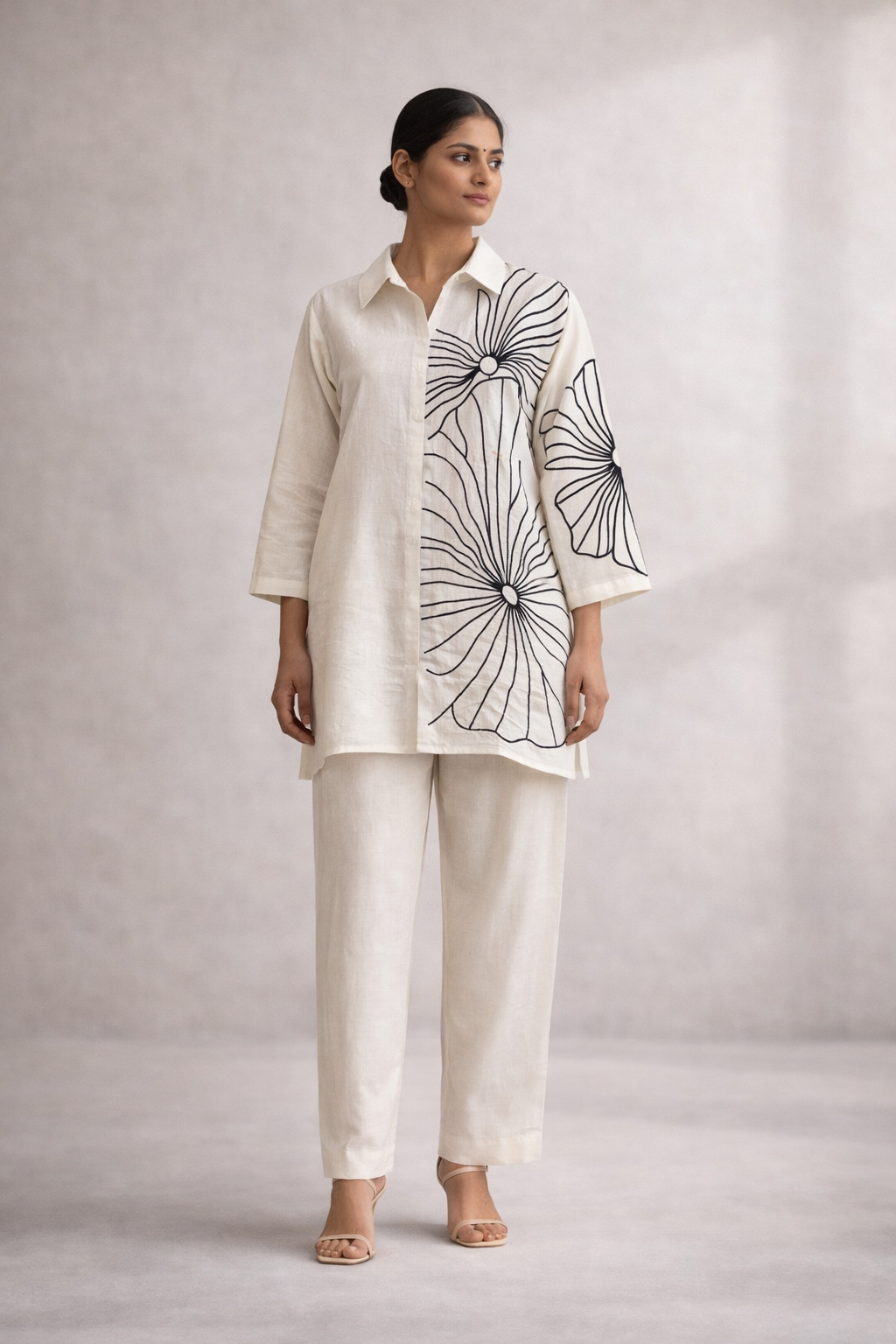 Ivory Bloom Linen Tunic Set – Hand-Illustrated Floral Co-Ord