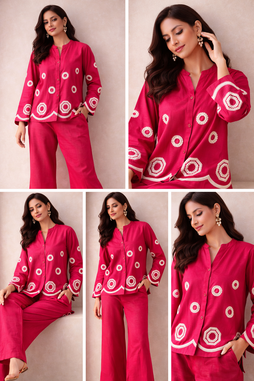 Rani Pink Handcrafted Circle Motif Co-Ord Set | Modern Indo-Western Elegance