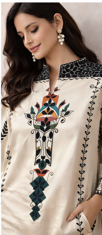 Ivory Handcrafted Tribal Motif Kurta Co-Ord Set | Modern Indo-Western Elegance