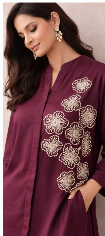 Wine Plum Floral Embroidered Kurta Co-Ord Set | Handcrafted Modern Elegance