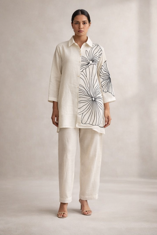 Ivory Bloom Linen Tunic Set – Hand-Illustrated Floral Co-Ord