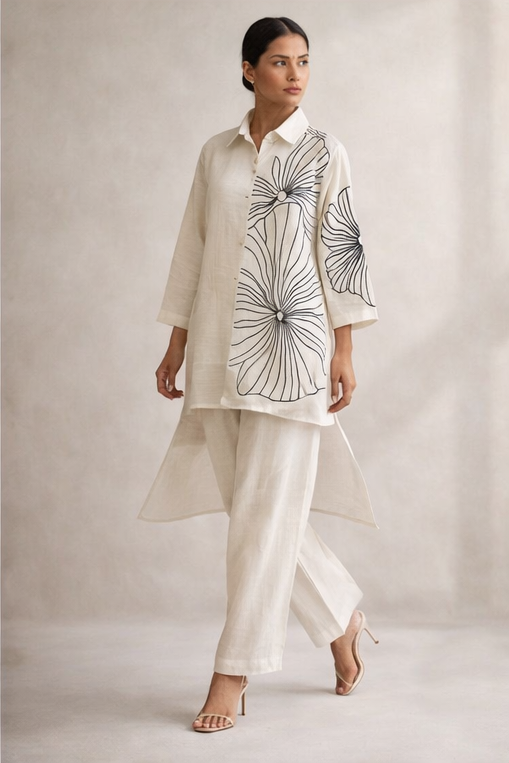 Ivory Bloom Linen Tunic Set – Hand-Illustrated Floral Co-Ord