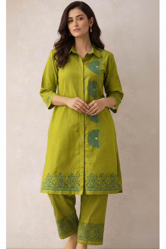 Woman wearing a green traditional outfit with floral patterns on a beige background