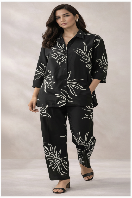 Woman wearing a black outfit with white floral patterns on a neutral background