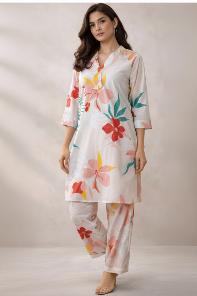 Woman wearing a floral dress with a neutral background
