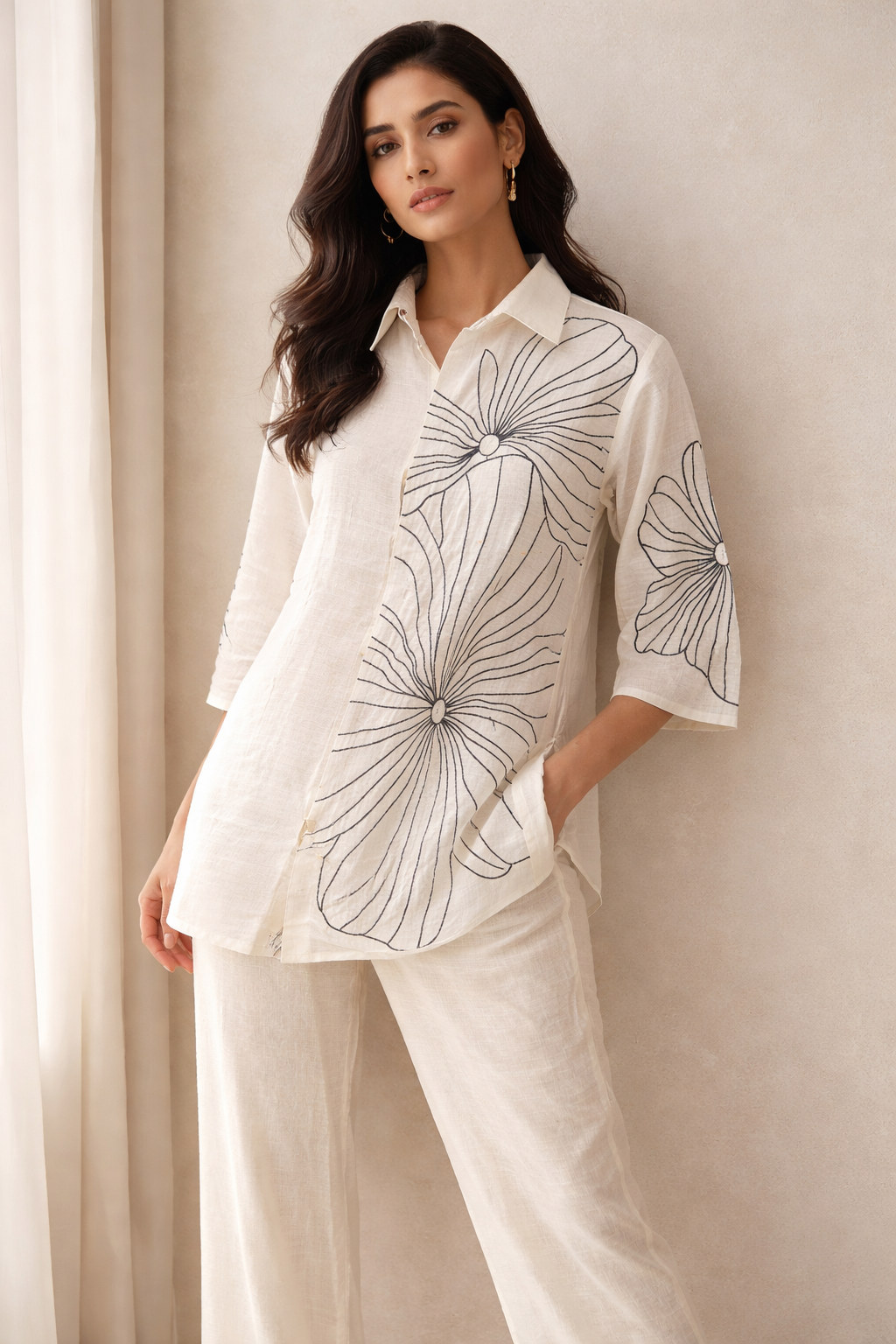 Ivory Bloom Linen Tunic Set – Hand-Illustrated Floral Co-Ord