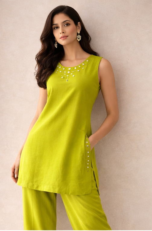 Lime Aura Sleeveless Kurta Set | The Sash