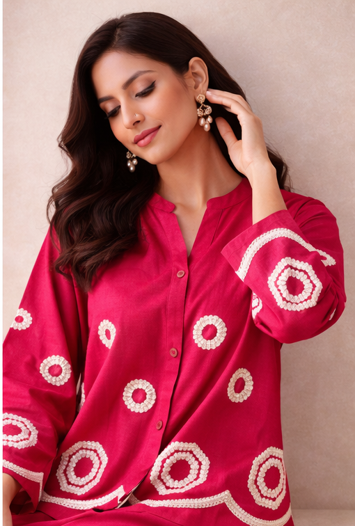 Rani Pink Handcrafted Circle Motif Co-Ord Set | Modern Indo-Western Elegance