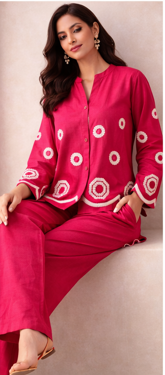 Rani Pink Handcrafted Circle Motif Co-Ord Set | Modern Indo-Western Elegance