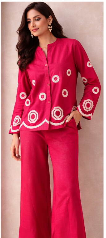 Rani Pink Handcrafted Circle Motif Co-Ord Set | Modern Indo-Western Elegance