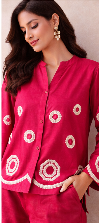 Rani Pink Handcrafted Circle Motif Co-Ord Set | Modern Indo-Western Elegance