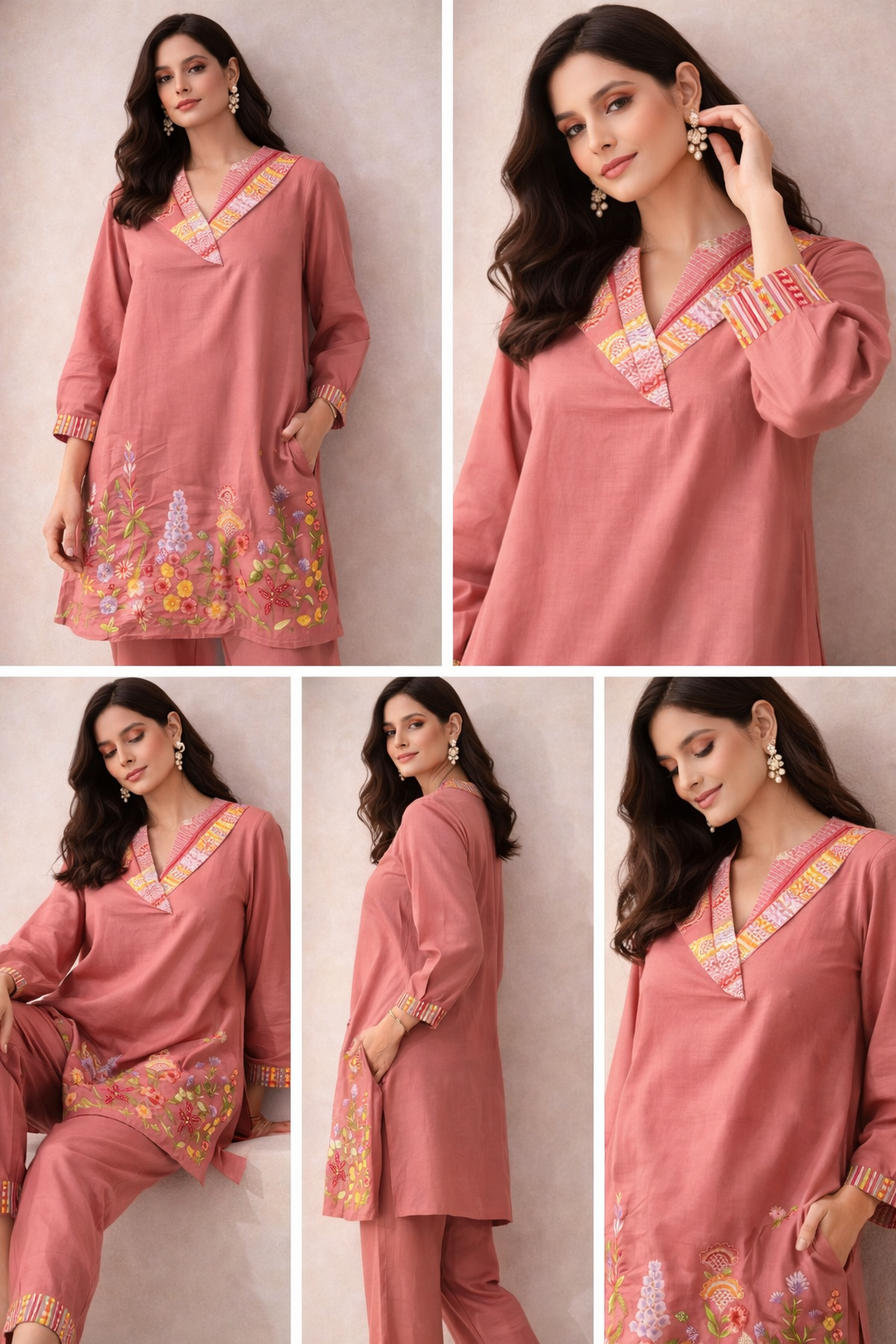 Rosewood Pink Floral Embroidered Kurta Co-Ord Set | Handcrafted Modern Heritage