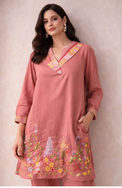 Rosewood Pink Floral Embroidered Kurta Co-Ord Set | Handcrafted Modern Heritage