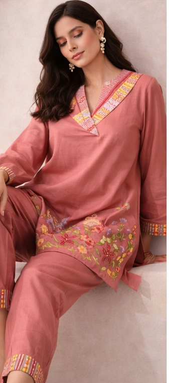 Rosewood Pink Floral Embroidered Kurta Co-Ord Set | Handcrafted Modern Heritage