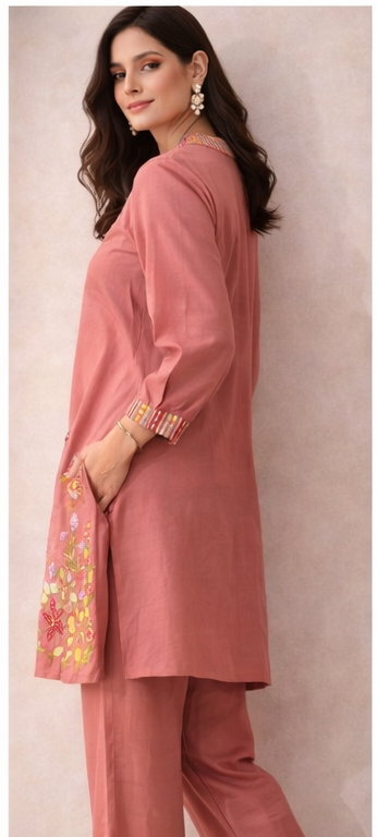 Rosewood Pink Floral Embroidered Kurta Co-Ord Set | Handcrafted Modern Heritage