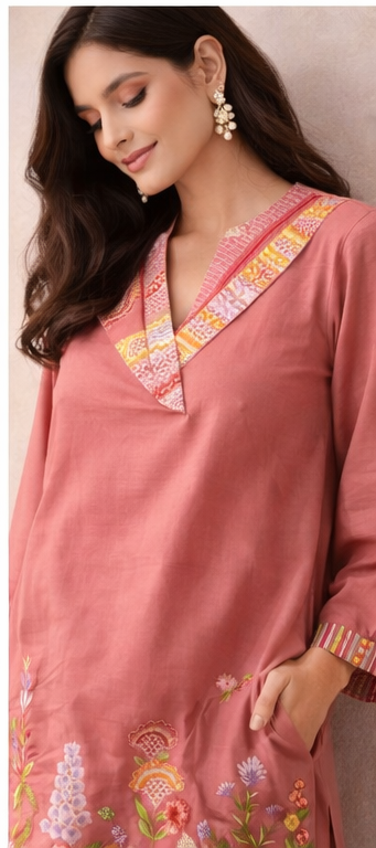 Rosewood Pink Floral Embroidered Kurta Co-Ord Set | Handcrafted Modern Heritage