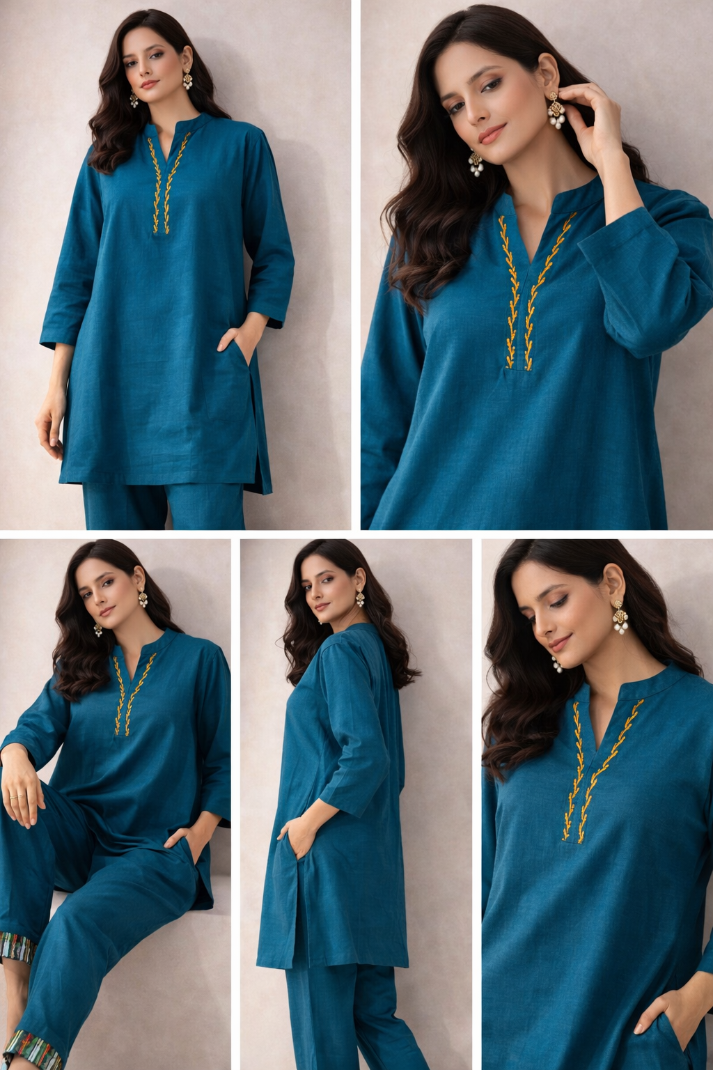 Teal Blue Minimal Embroidered Kurta Co-Ord Set | Contemporary Indo-Western Ease