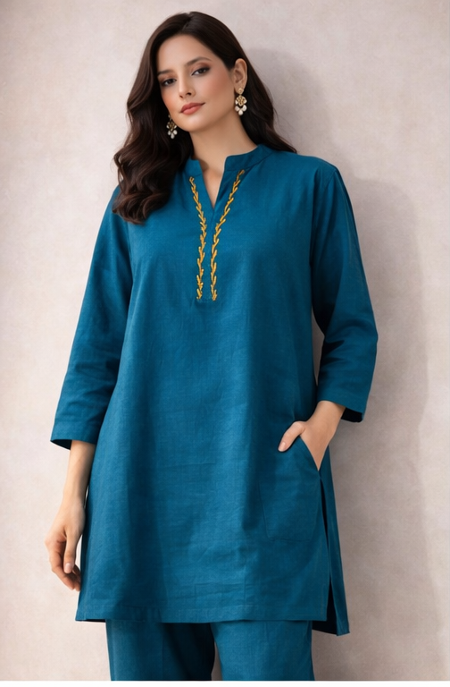 Teal Blue Minimal Embroidered Kurta Co-Ord Set | Contemporary Indo-Western Ease