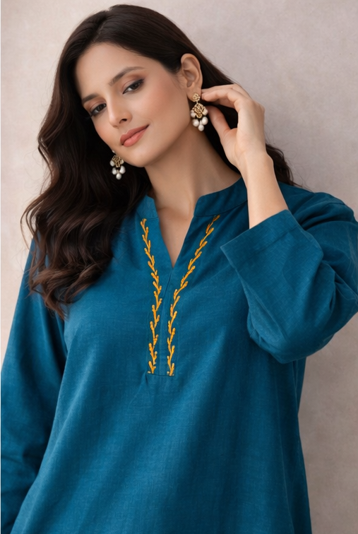 Teal Blue Minimal Embroidered Kurta Co-Ord Set | Contemporary Indo-Western Ease