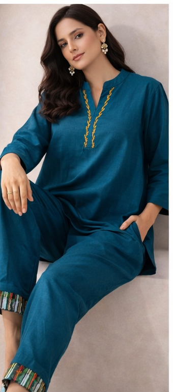 Teal Blue Minimal Embroidered Kurta Co-Ord Set | Contemporary Indo-Western Ease
