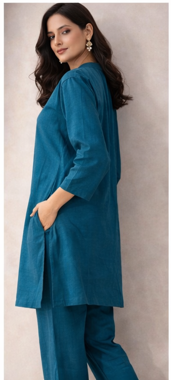 Teal Blue Minimal Embroidered Kurta Co-Ord Set | Contemporary Indo-Western Ease