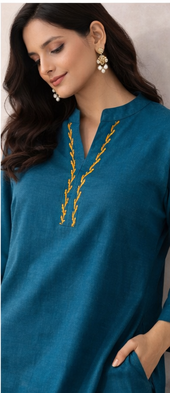 Teal Blue Minimal Embroidered Kurta Co-Ord Set | Contemporary Indo-Western Ease