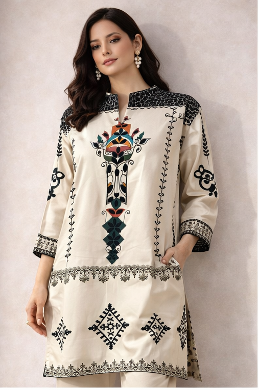 Ivory Handcrafted Tribal Motif Kurta Co-Ord Set | Modern Indo-Western Elegance