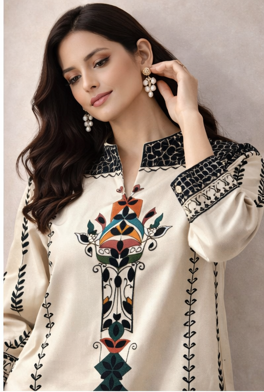 Ivory Handcrafted Tribal Motif Kurta Co-Ord Set | Modern Indo-Western Elegance