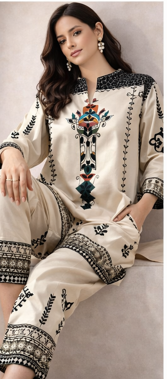 Ivory Handcrafted Tribal Motif Kurta Co-Ord Set | Modern Indo-Western Elegance