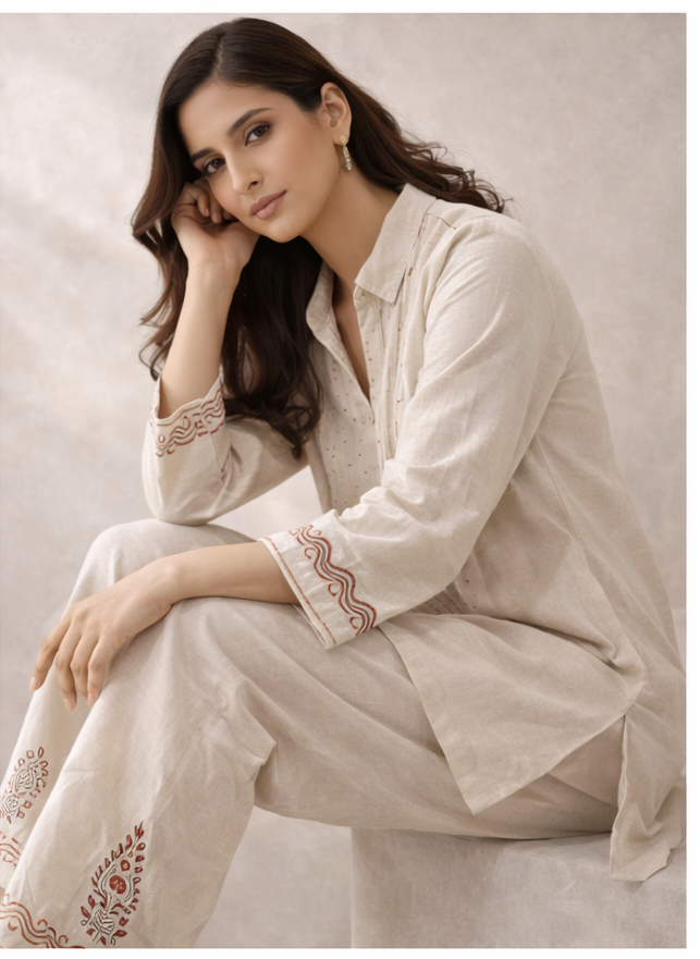 Ivory Grace Hand-Embroidered Kurta Pant Set | The Sash – Effortless Elegance