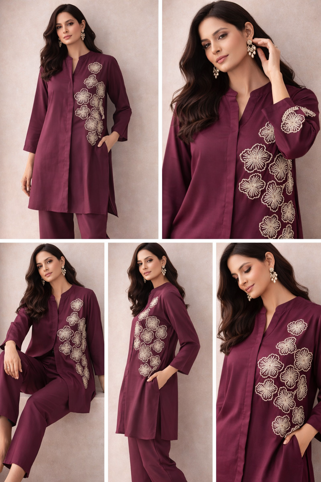 Wine Plum Floral Embroidered Kurta Co-Ord Set | Handcrafted Modern Elegance