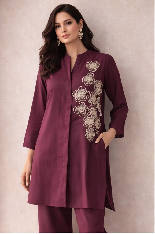 Wine Plum Floral Embroidered Kurta Co-Ord Set | Handcrafted Modern Elegance