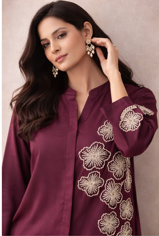 Wine Plum Floral Embroidered Kurta Co-Ord Set | Handcrafted Modern Elegance