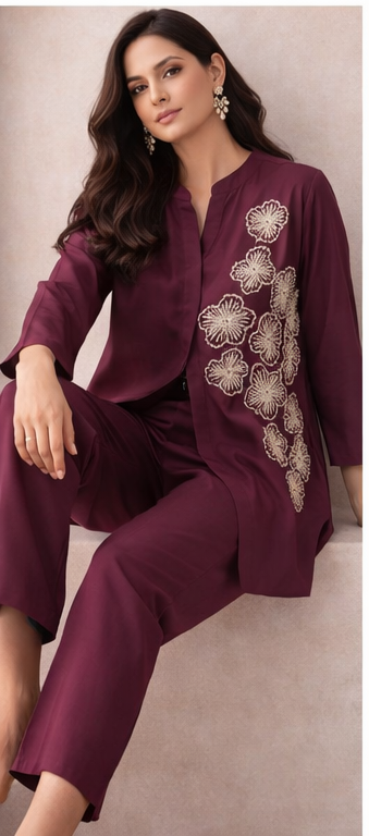 Wine Plum Floral Embroidered Kurta Co-Ord Set | Handcrafted Modern Elegance