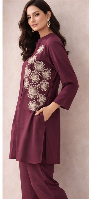 Wine Plum Floral Embroidered Kurta Co-Ord Set | Handcrafted Modern Elegance